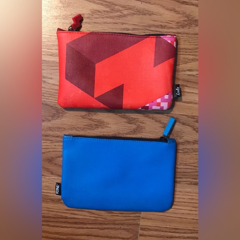 Set of 2 Ipsy Tetris Makeup Cosmetic Pouch Bags Blue & Red Zip close